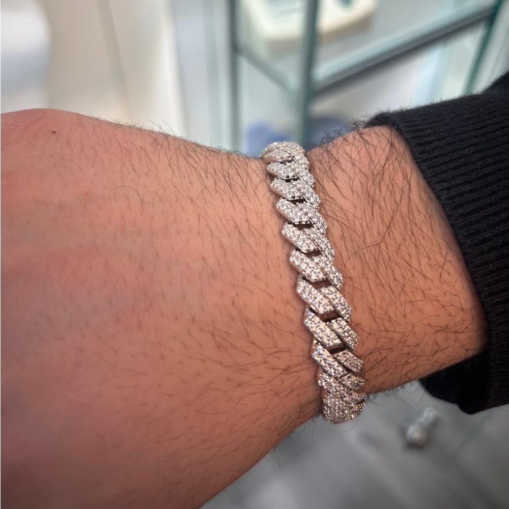 Real Solid Sterling Silver 925 Miami Cuban Prong Bracelet Iced Out CZ - 8.5mm